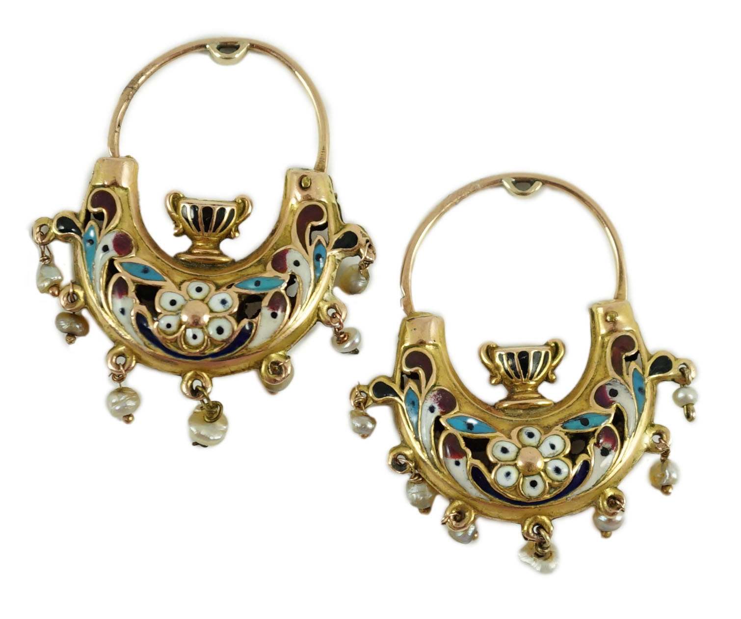 A pair of Swiss gold, polychrome enamel and seed pearl set double sided drop earrings